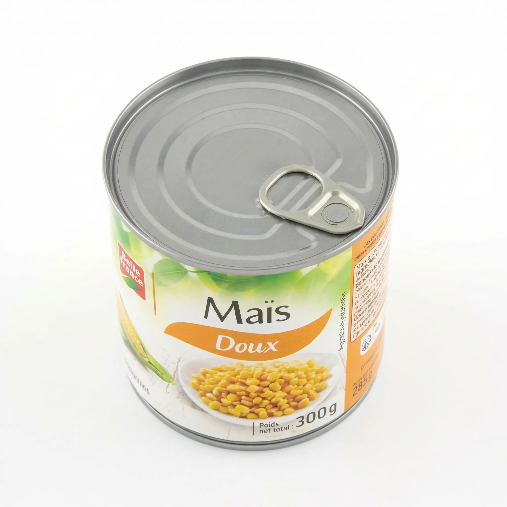 Vue dessus couvercle boîte maïs Belle France 300g neuve